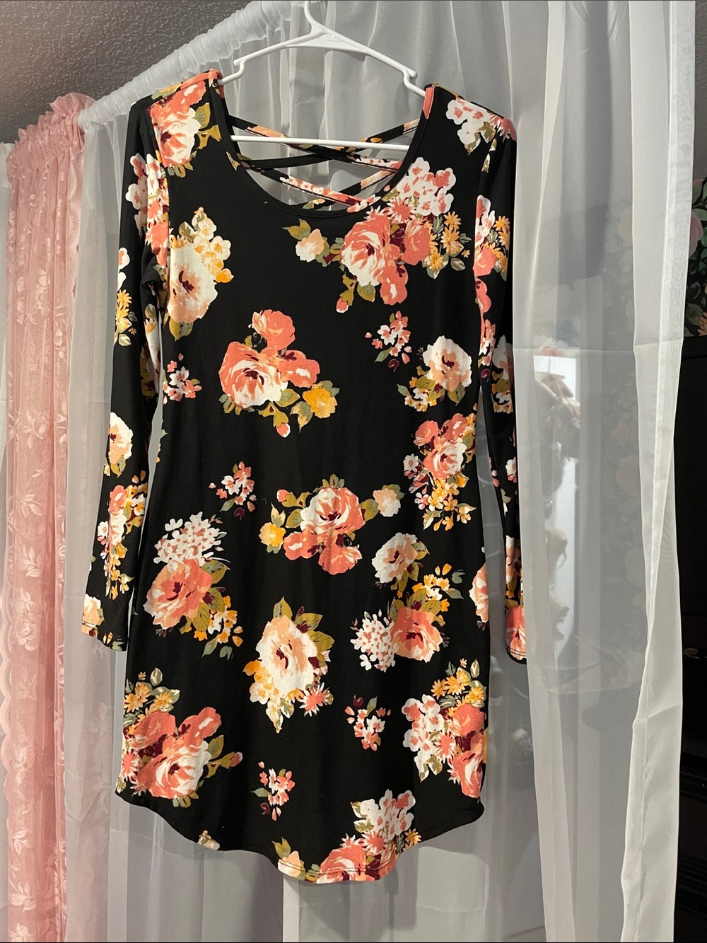 No Boundaries Black Long-Sleeve Floral Dress with Coral & Cream Blooms